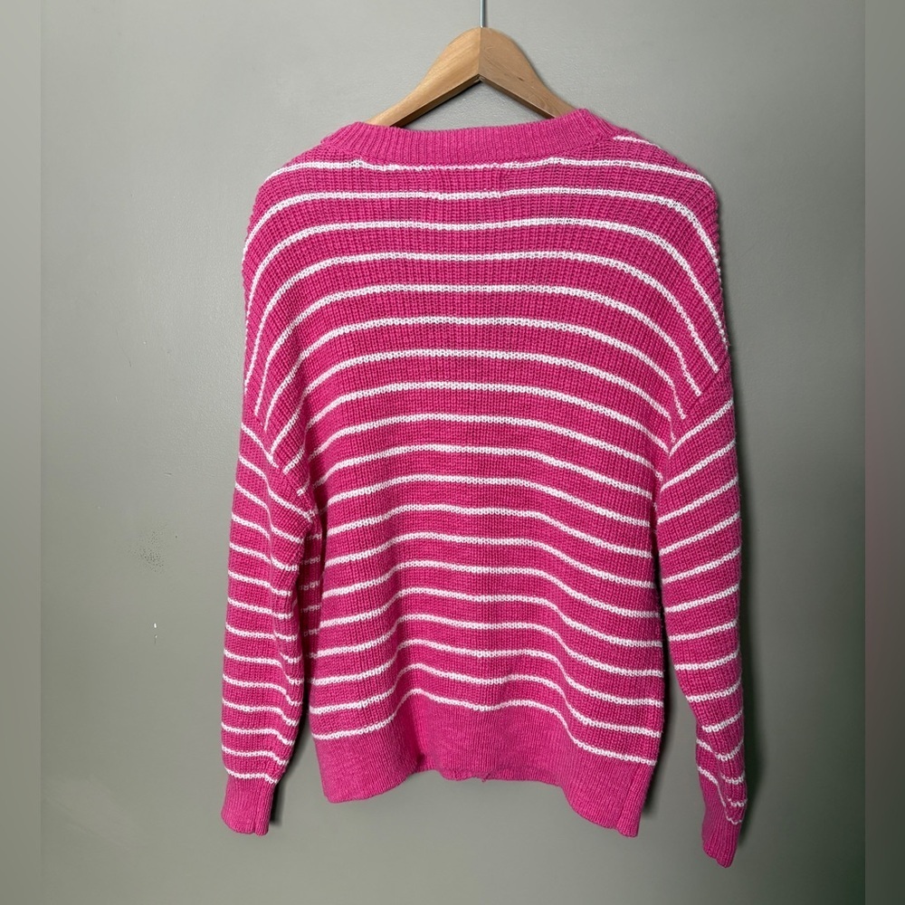 LOFT Striped Relaxed V-Neck Cardigan sweater pink & white preppy casual sz L - Picture 4 of 16